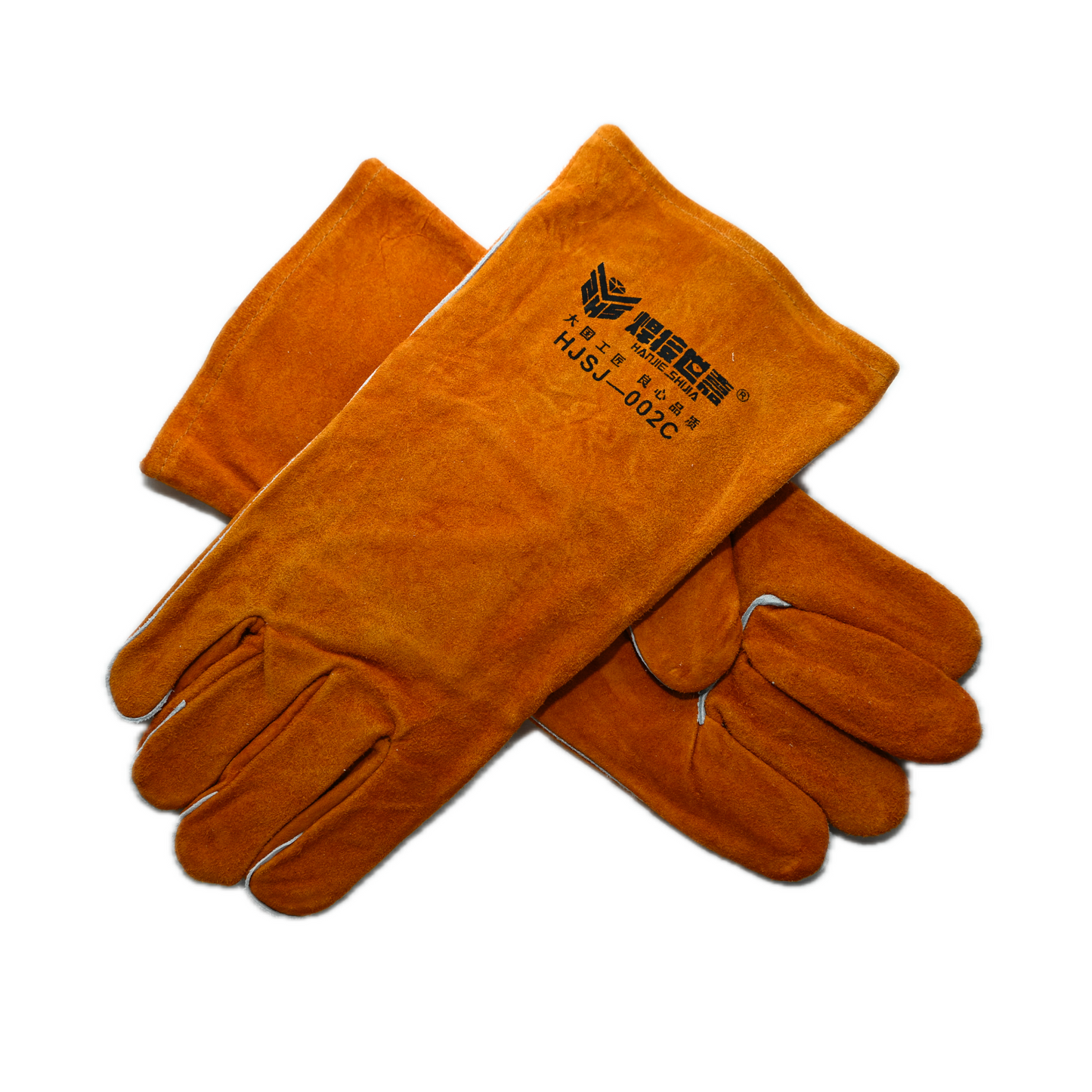 A pair of yellow cowhide (long) 002C heat resistant welding gloves made of thick, heavy-duty leather with black printed text and symbols, laid out overlapping on a white background.