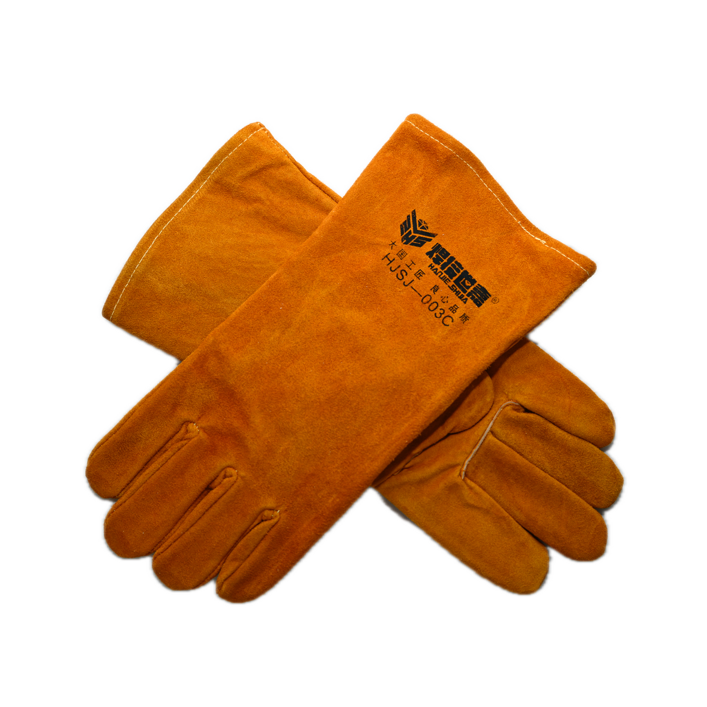 A pair of Yellow cowhide (long) 003C fireproof welding gloves with thick double-layer cowhide and fireproof stitching, featuring black printed text and logo on the back, displayed on a white background.