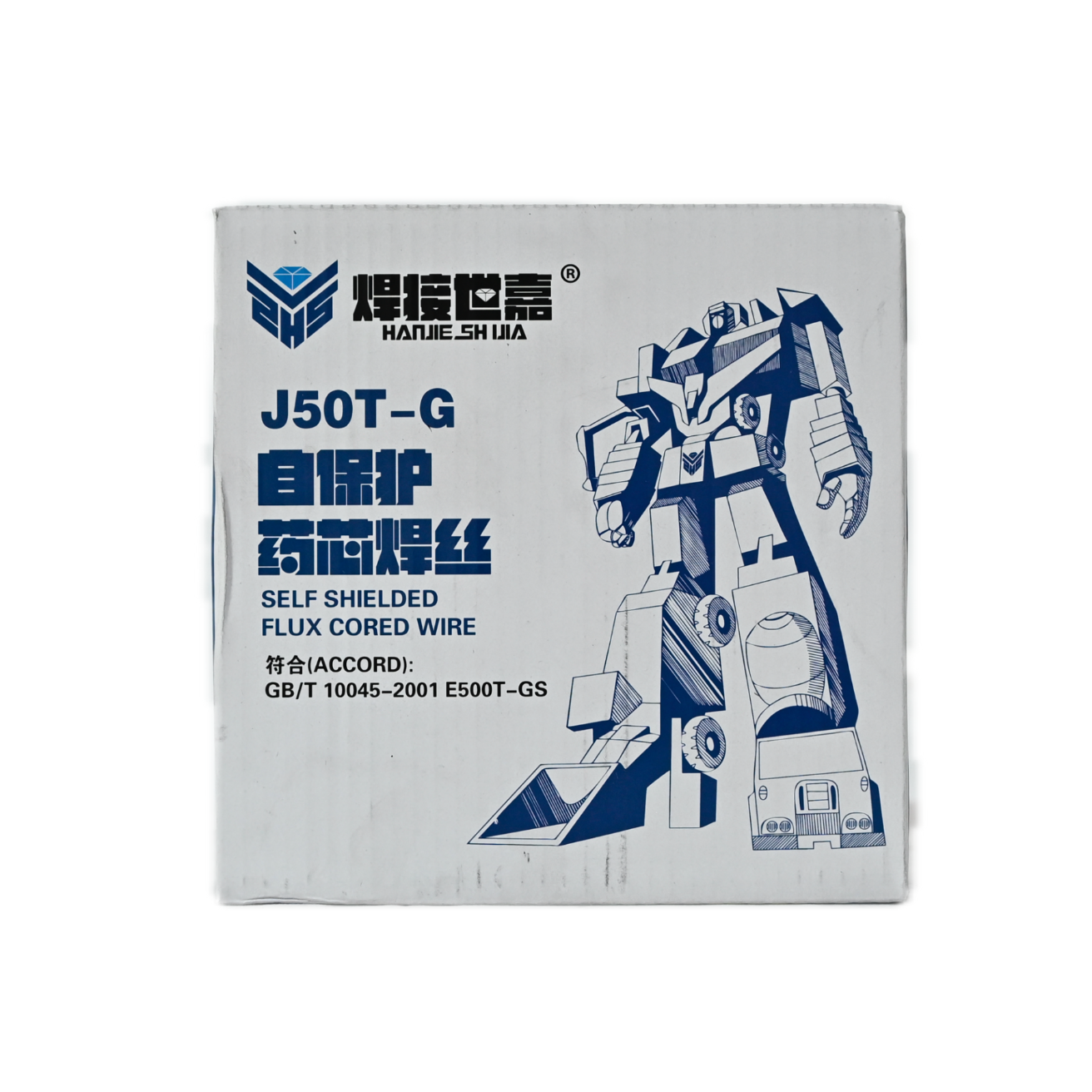 The white box labeled "Self-shielded flux-cored welding wire J50T-GΦ1.0(0.9kg)" displays blue Chinese text and a robot image, emphasizing its gasless welding—ideal for outdoor projects.