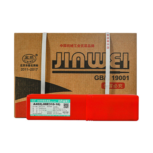 A brown JINWEI box with Chinese text sits behind a red plastic case labeled JinWei E310-16 (A402) Stainless Steel Electrode 2.5/3.2/4.0mm, known for all-position weldability and high-temperature oxidation resistance.