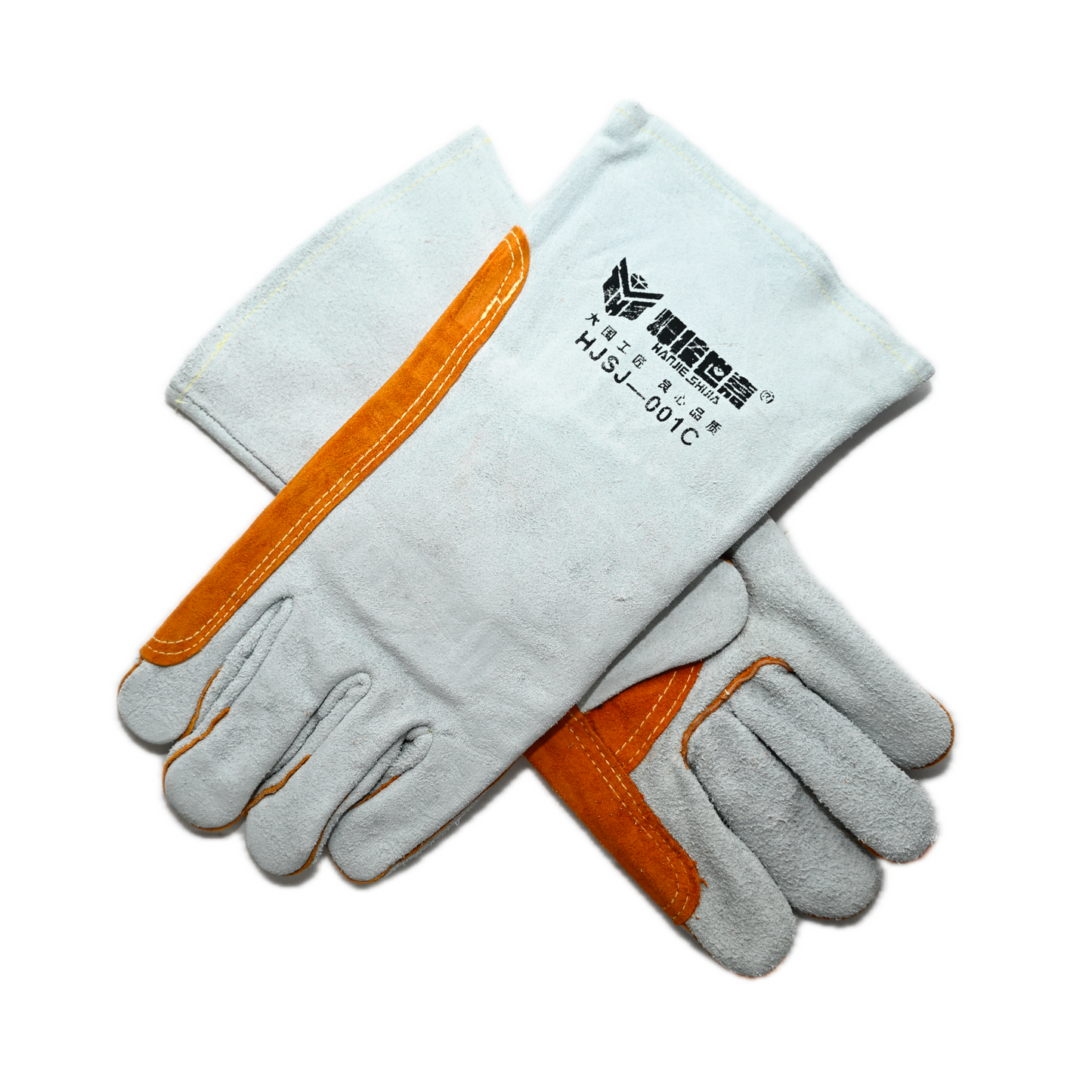 A pair of Grey cowhide (long) 001C premium welding gloves with orange accents and fireproof stitching, featuring a black printed text and logo on the top glove, are displayed overlapping on a white background.