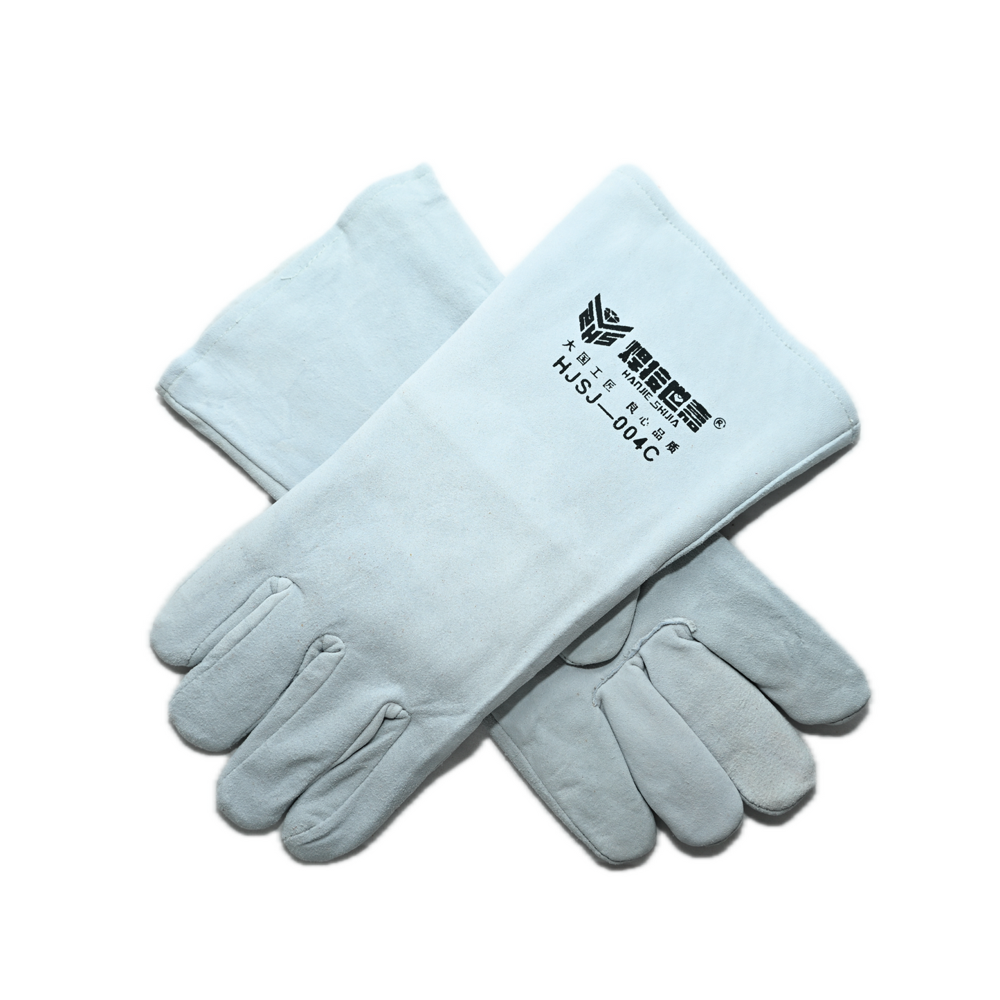 A pair of Grey sheepskin (long) 004C comfort welding gloves with long cuffs, made from thick heat-resistant material. One glove shows black printed text and symbols on the cuff. The gloves are displayed on a white background.