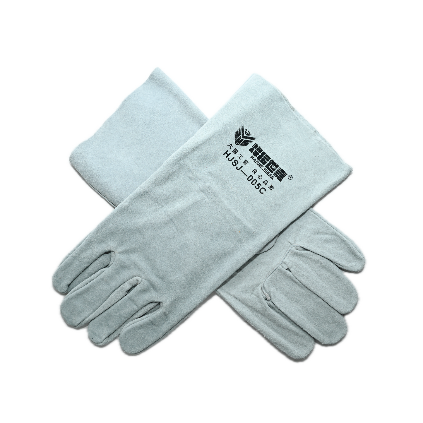 A pair of Grey cowhide (long) 005C welding gloves with Chinese text and "HUSL-005C" in black on the wrist, shown on a white background. These gloves provide excellent protection for various tasks.