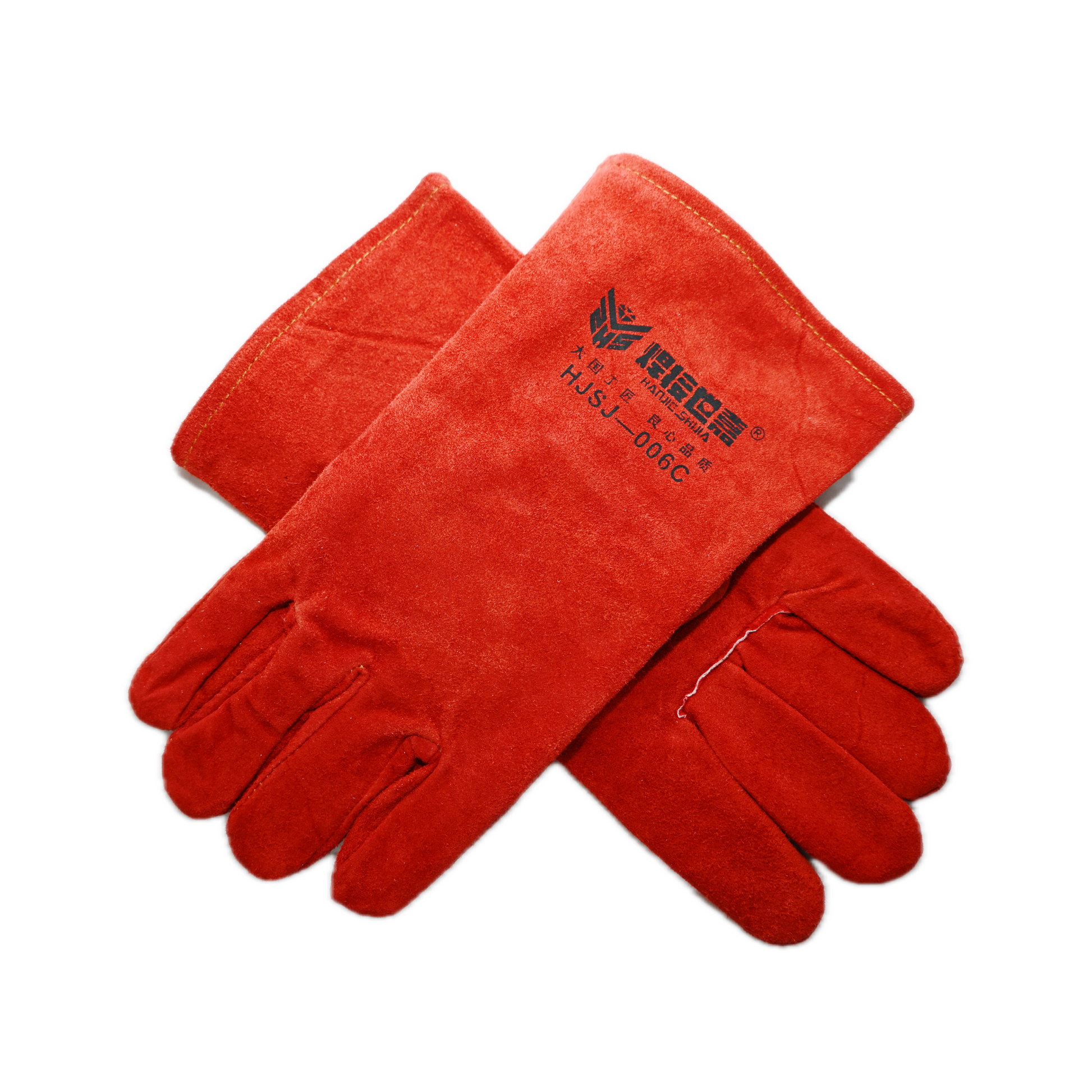 A pair of Red cowhide (long) 006C multi-purpose welding gloves in bright red, featuring black text and a logo on the top, are shown on a white background.