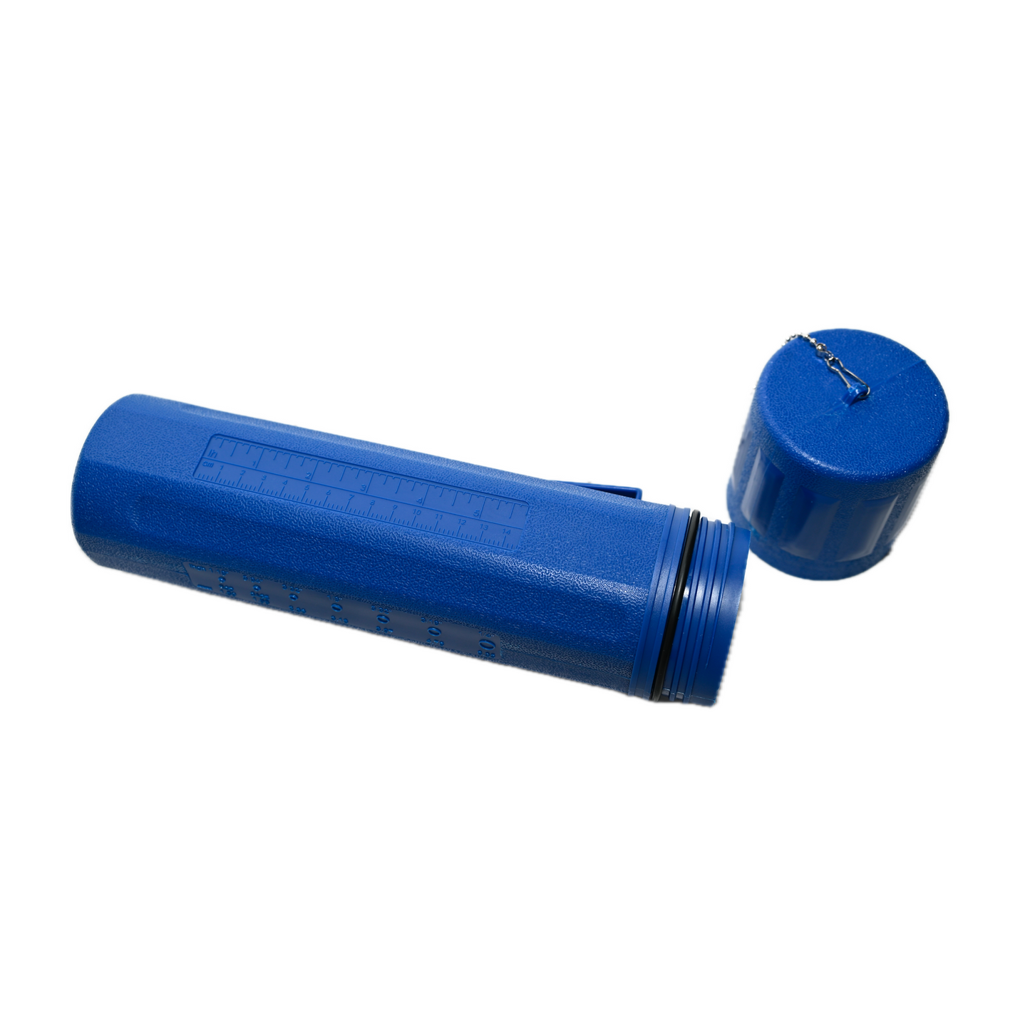 The Welding Electrode Storage Container Tube is a blue cylindrical holder with measurement markings and a screw-on lid attached by a small chain, shown on a white background. Ideal for storing or carrying electrodes and welding rods.